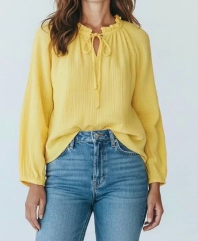 J. Crew Gauze Long Sleeve Tie Neck Top Blouse Sun Yellow Medium